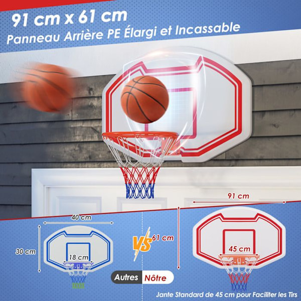Væghængt Basketkurv 45 cm COSTWAY med Brudsikkert Panel, Rivefast Net til Børn Indendørs/Udendørs, 91 x 61 cm vit + röd