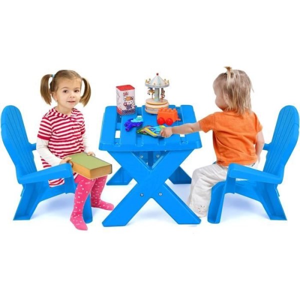 COSTWAY-bord med 2 Adirondack-stolar för utomhusbruk, stabil X-ram, rundade hörnbelastning 30 kg för barn 3-6 år Blå