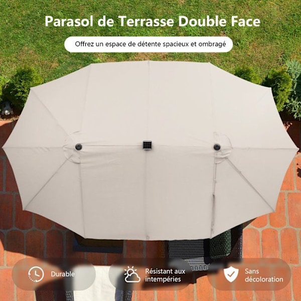Dobbelt XXL Haveparasol 48 LED - COSTWAY - 470 x 280 x 246 cm - Base og Sandpose - Solpanel - Rektangulær Beige