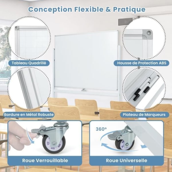 COSTWAY Magneettinen Valkotaulu 120 x 90 cm Kaksipuolinen käännettävä kuivapyyhkäisy 2 säädettävää korkeutta 4 liikkuvaa pyörää valkoinen
