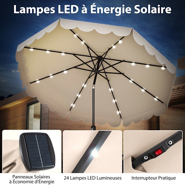 COSTWAY Haveparasol 3M 24 LED'er - Solbeskyttelse - Justerbar hældning 35° - 8 Kranse til Strandterrasse Beige