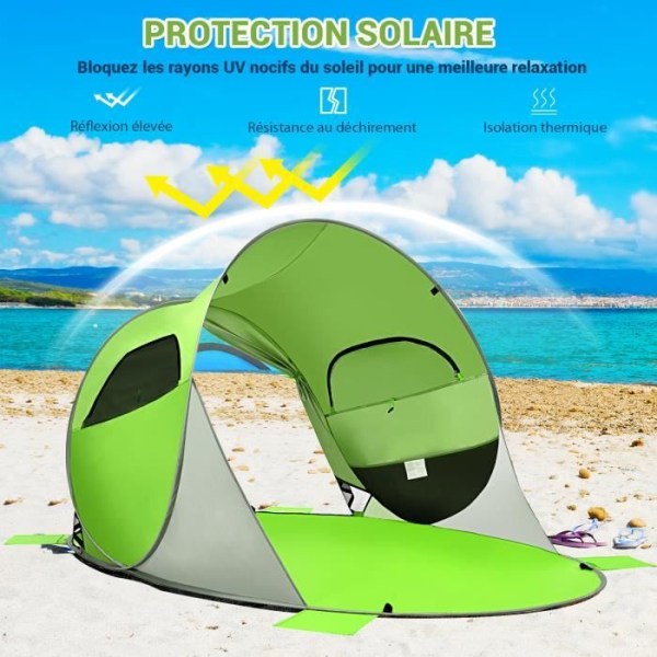 COSTWAY Instant Automaattinen Kokoontaittuva Pop-up Rantateltta 3-4 hengelle Anti-UV ja 8 Sardiinia 4 Ankkuriköydet Vihreä Grön