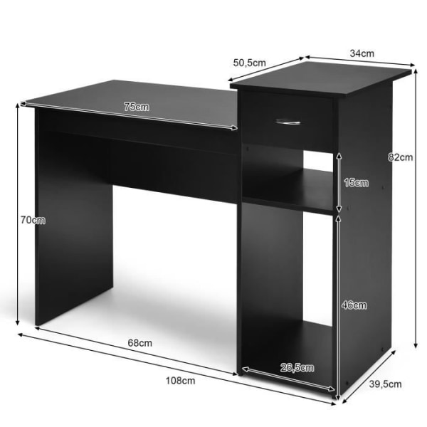 COSTWAY Rak datorskrivbord - svart dekor - L 108 x D 39,5 x H 82cm - 1 låda och 2 förvaringsfack - Modernt