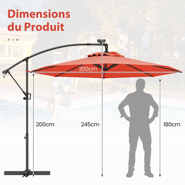 Parasol Déporté φ300 x 245cm - COSTWAY - med 32 LED - Kryssfot - Lutningsjustering - Vev - 360° rotation - Orange