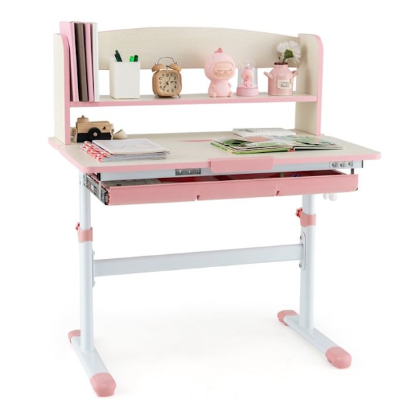 COSTWAY Study Skrivebord til børn 3 til 12 år, Vippetop Justerbar Højde 50,5-73 cm, Skuffe, Målestok, Pink