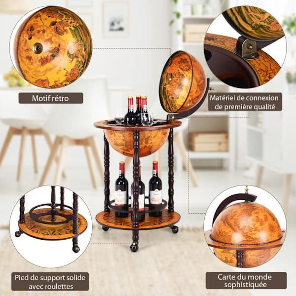 COSTWAY Bar Globe Vintage Eucalyptus Wood Världskarta med 3 hjul och 1500-tals italiensk stil, 47 x 47 x 90 cm