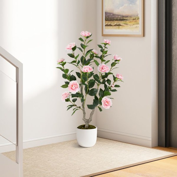 Konstgjord Kamelia Träd 90 cm - COSTWAY - Blommande Konstväxt i En Kruka, Rosa för Vardagsrum, Kontor