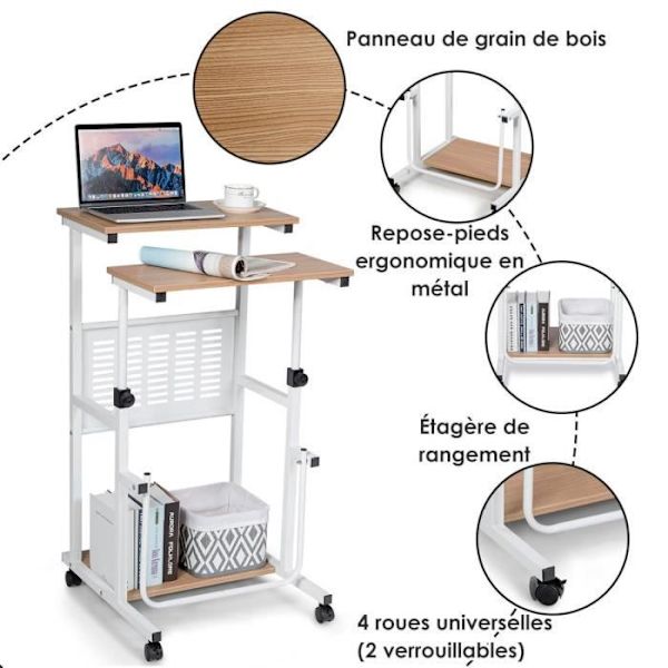 COSTWAY computerbord med hjul Dobbelt top Justerbar højde 68-98 cm printerstøtte, fodstøtte Beige