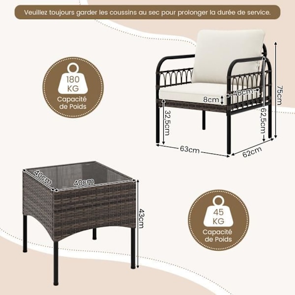 COSTWAY PE Rattan Havemøbelsæt - 2 personer, metalstel, puder - bordsæt af hærdet glas og 2 lænestole - Beige