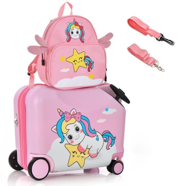 COSTWAY barnväska på hjul 18” med 12” ryggsäck, vattentät skalhjul infällbart handtag, Unicorn, 3 år+, rosa