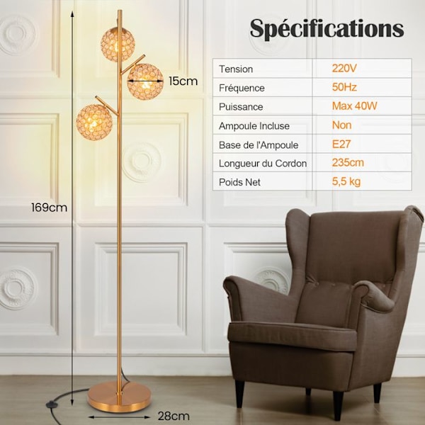 COSTWAY gulvlampe-169cm-3 glober-fodkontakt-3 E27 pæresokler-blød let-metal stang-vægtet base guld-