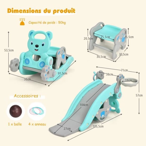 COSTWAY 4-i-1 gunghäst: Slide, Basketball Hoop and Ring Toss Game med boll och ring för barn 3+ år, blå Blått och grått