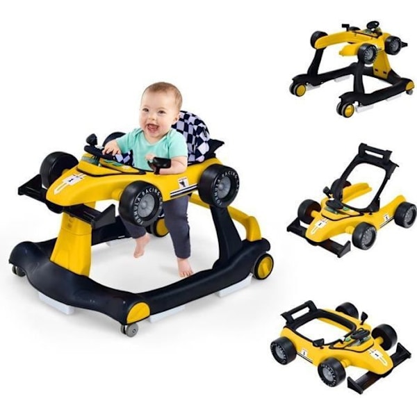 COSTWAY Musical kokoontaittuva Baby Walker 4 in 1 -auton ulkonäön työntäjä, säädettävä korkeus ja nopeus vaaleankeltaisella ohjauspyörällä gult och svart