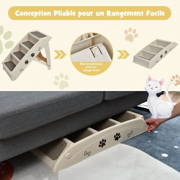COSTWAY Vikbar hund-/katttrappa 4 plaststeg Last 60 kg 62,5x38x49 CM Mjuk filt och halkskydd Beige