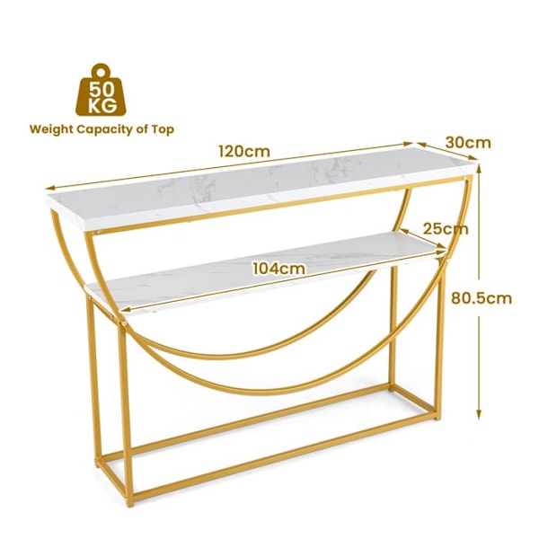 COSTWAY Konsolbord med Marmor-effekt i 2 Nivåer - Modern Skandinavisk Stil i Guld Metallram 120 x 30 x 80,5 cm (L x B x H)