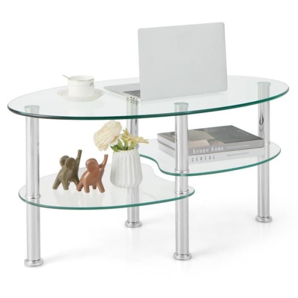 COSTWAY 3-vånings ovalt soffbord i härdat glas, 89 x 51 x 45 CM, Modernt vardagsrumsbord med metallben, Transparent