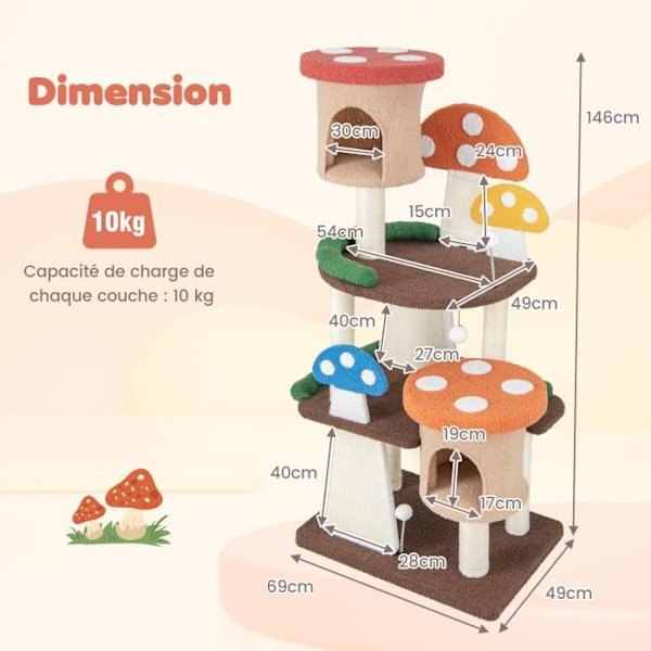 COSTWAY Mushroom Cat Tree - 2 asuntoa, interaktiiviset pallot, raapimispuu, taso - Cat Play Tower färgrik
