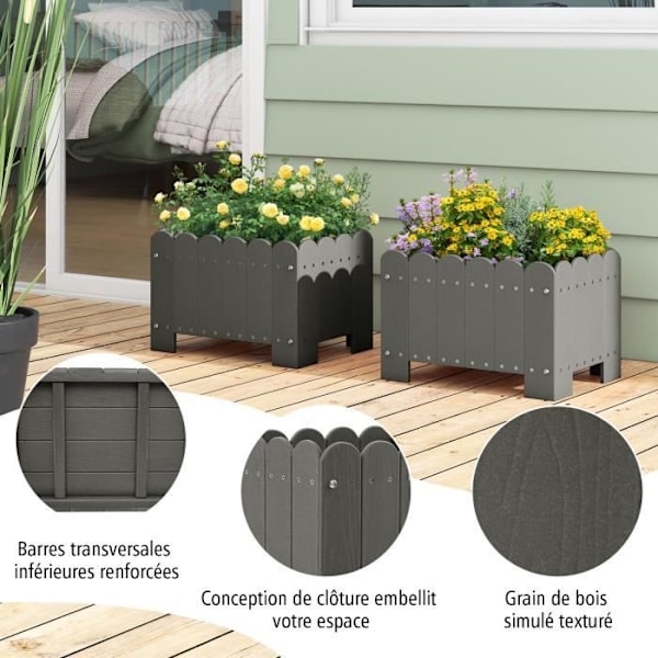 COSTWAY Set med 2 HDPE grönsaksträdgårdsrutor - Dräneringshål, staketdesign, förstärkt tvärstång, Flower Box - Grå Grå