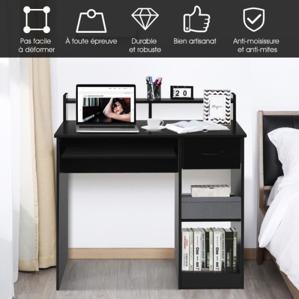 COSTWAY Computer Table with Drawer and 2 Storage Shelves Computer Desk with Keyboard Tray Black Svart