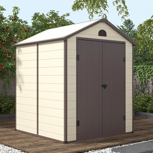 COSTWAY Metal Haveskur 8,3m3 192,5 x 191 x 227 cm med 2 hængslede døråbninger, 2 gennemsigtige vinduer, dørrampe Beige+Brun