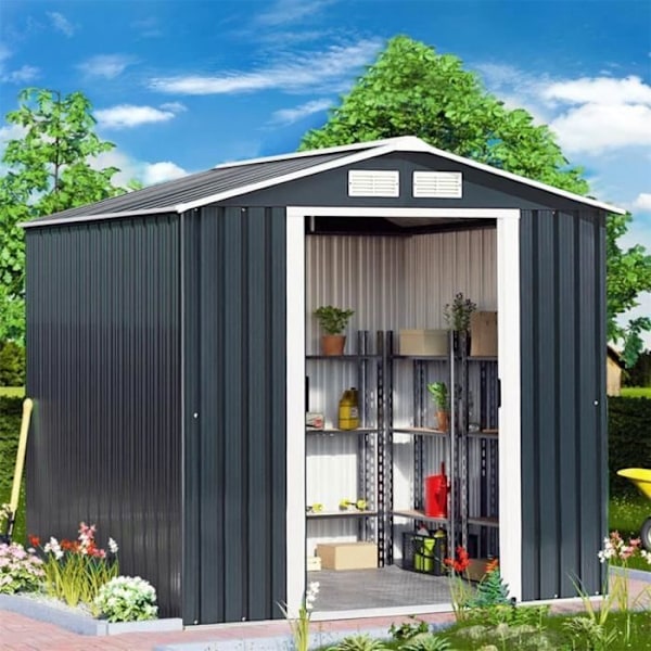 COSTWAY Metallipuutarhavaja 2,71 m² työkaluvarasto 213x127x185cm liukuovella, 2 tuuletusikkunaa grå
