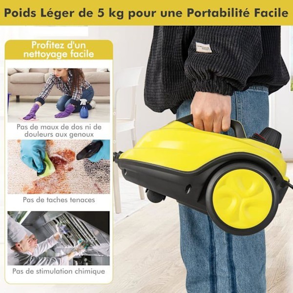 COSTWAY Steam Cleaner Mångsidig ångmopp 2000W 1,8L tank med 15 tillbehör 5,0 BAR Universal Golvhjul Gul