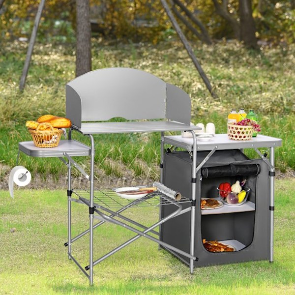 COSTWAY Sammenklappeligt Havebord med Opbevaring, Vindskærm, Transporttaske, Bærbart Grillbord til Camping Picnic Fest BBQ Grå
