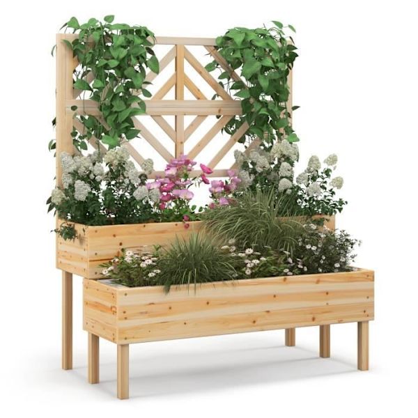 COSTWAY planteringskar med 2-vånings spaljé gjord av granträ Rektangulär blomsterlåda med dräneringshål för klätterväxt Naturlig