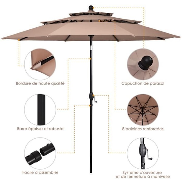 Aurinkovarjo Auto-kallistettavissa COSTWAY - Beige - 300 cm x 243 cm - Kaksinkertainen ilmanvaihto - Käsivarren säätö Beige