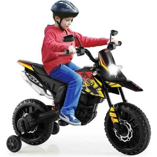 APRILIA Elmotorcykel för barn, Moto-cross (RX125) 12V 7AH, 2 Motor - 5,5 till 6 km/h, Strålkastare Horn, Musik, USB, 3 till 8 år Svart