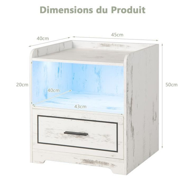 COSTWAY LED sengebord med 2 USB-porte, åben hylde og skuffe, 3 lyse farver, Smart Sensor, 45 x 40 x 50 cm Vit