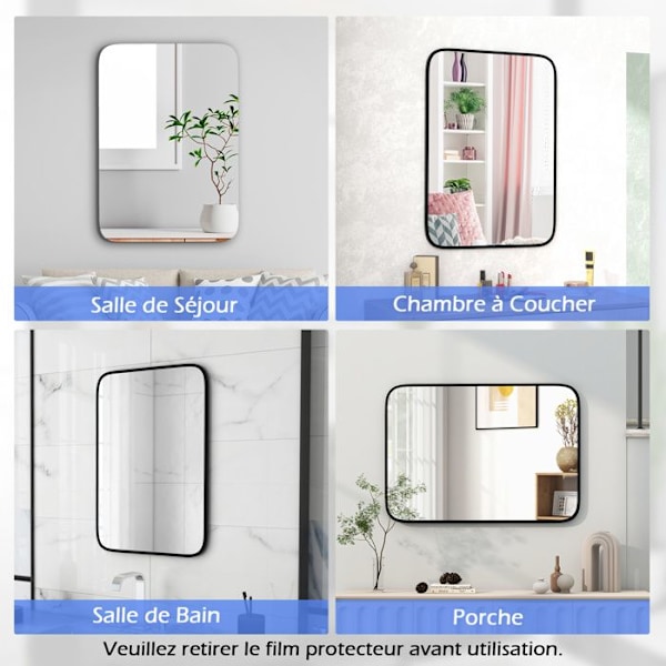 COSTWAY Moderne rektangulært badeværelsesspejl Splintfri beskyttelse og ekspansionsskruer & sort aluminiumsramme 70 x 50 cm Sort