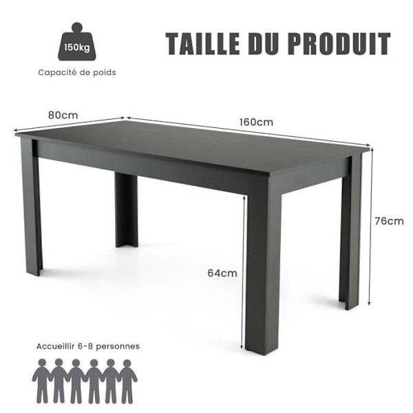 COSTWAY mattsvart matbord - L 160 x D 80 x H 77 cm - Modernt, 6 - 8 personer Svart
