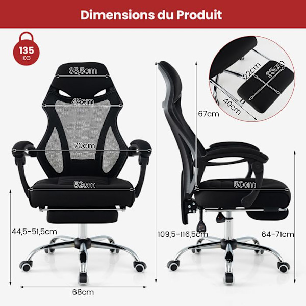 COSTWAY Ergonomisk mesh-kontorstol med fodstøtte, justerbart ryglæn, nakkestøtte, armlæn Højsæde 44,5-51,5 cm