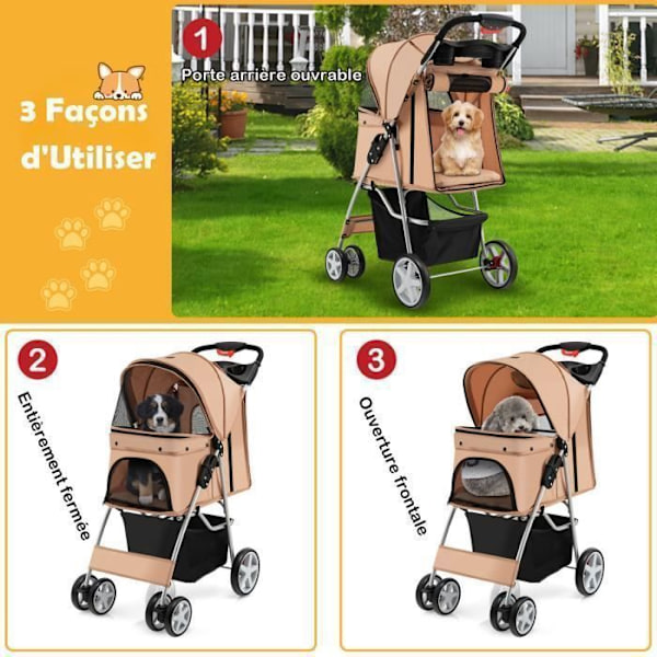 COSTWAY Foldbar Pet Buggy Klapvogn 4 Hjul Belastning 15KG Katte/Hundevogn med kopholder og opbevaringskurv Beige