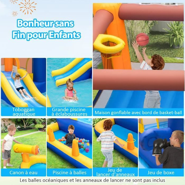 COSTWAY 7 i 1 hoppeborg-vandrutsjebanepark til børn, med swimmingpool og vandkanon, boksespil, 578 x 408 x 250 cm