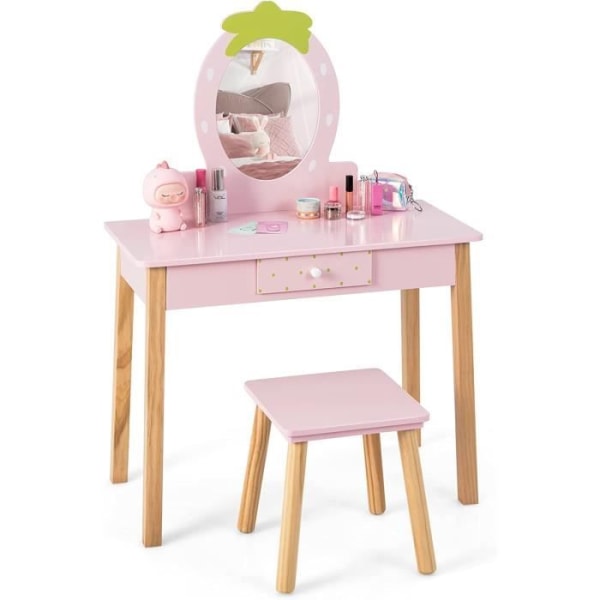 COSTWAY Sminkbord för barn - Avtagbar spegel med kampall och låda, i eukalyptusträ och rosa MDF för tjejer