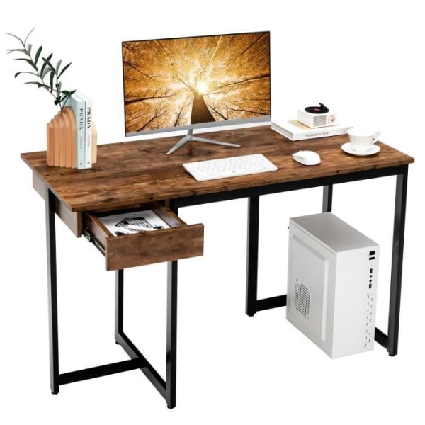 COSTWAY computerbord med skuffe, metalramme, justerbar fodstøtte, 120 x 55 x 75 cm, rustik brun Rustik brun