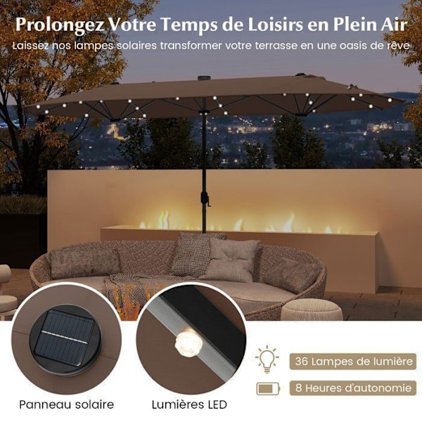 COSTWAY Parasol Dobbelthave XXL 400 x 200 x 240 cm - 36 LED Lys - Base Inkluderet - 12 Spidser - Rektangulær Brun