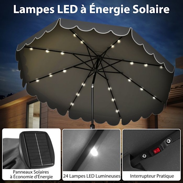 COSTWAY Parasol för Trädgård 3M 24 LED-lampor - Solskydd - Justerbar Lutning 35° - 8 Spön för Strand Terass Grå