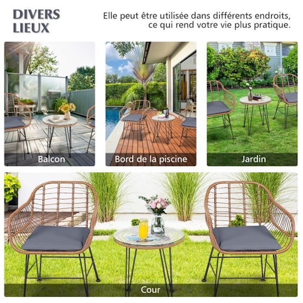 COSTWAY Rottinkiset puutarhakalusteet 2 nojatuolia + 1 sohvapöytä (lasitaso), irrotettavat tyynyt, bali-tyylinen luonnollinen väri