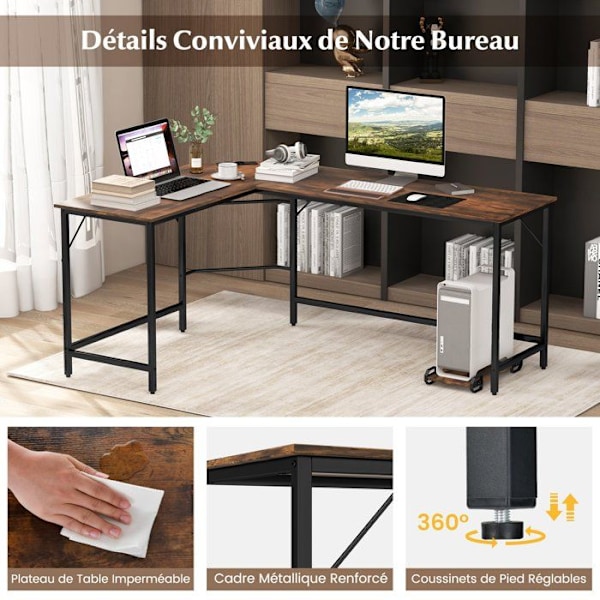 COSTWAY 168 x 125 cm kulmapöytä prosessorin pidikkeellä, 2 pistorasiaa ja USB & Type C -portti, tukeva metallirunko, ruskea