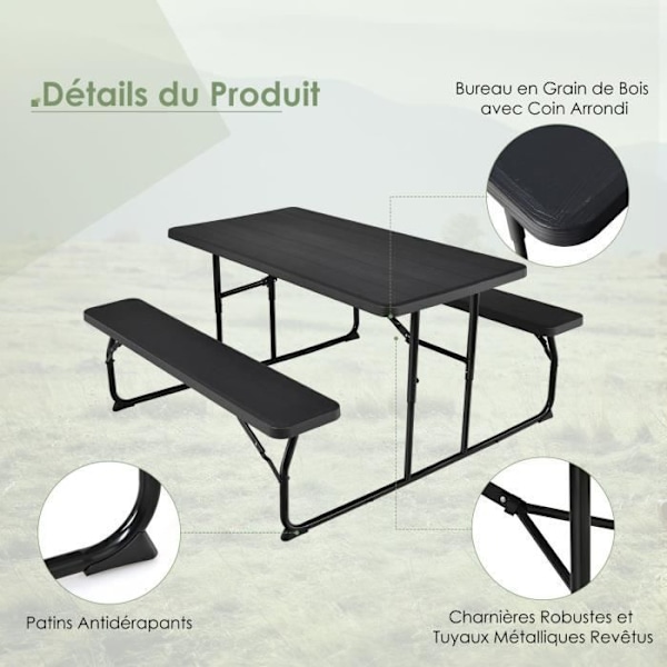 COSTWAY campingbord med 2 foldbare bænke - 4 til 6 personer - til Picnic-Camping Sort