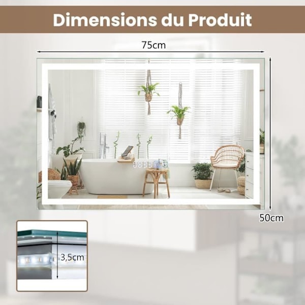 COSTWAY 75 x 50 cm Badeværelsesspejl 3000-6000k, Hukommelsesfunktion, Tid/Temperatur Display, Touch Switch, IP44