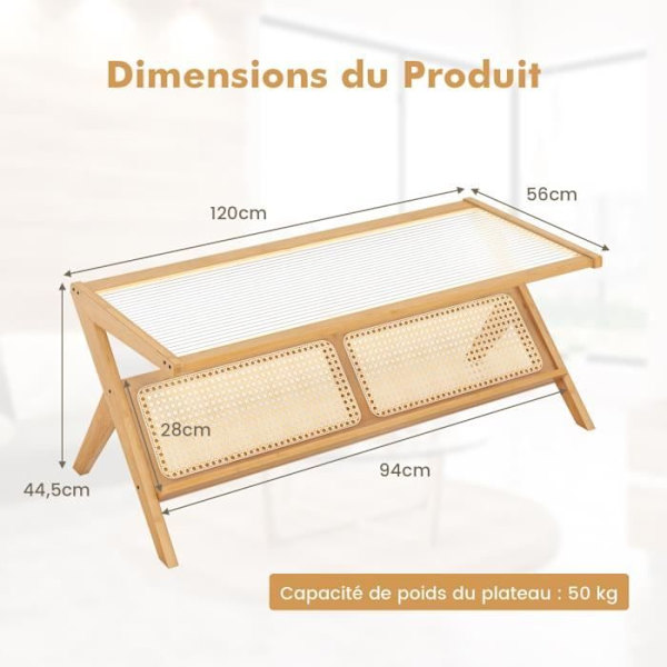 COSTWAY Soffbord 120 cm i bambu - Skiva i härdat glas, tidningsställ i rotting - Vardagsrumsbord för vardagsrum, kontor, sovrum Naturlig