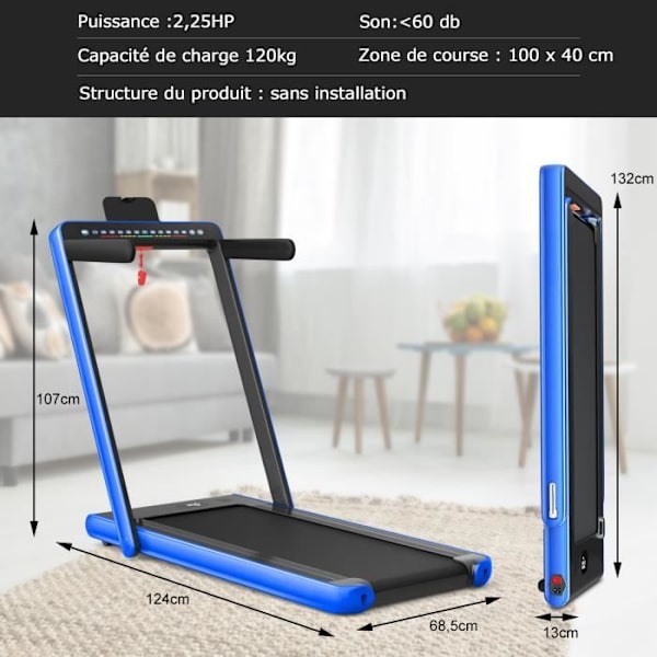 COSTWAY Foldbart Løbebånd 0,75HP Dobbelt LED Display APP og fjernbetjening Motoriseret hastighed 12 km-t Overflade 40x100cm Blå