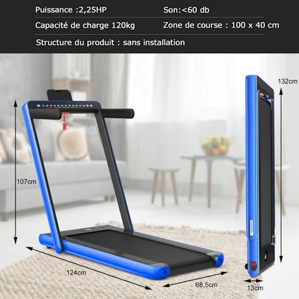 COSTWAY Folding Löpband 0,75HP Dual LED Display APP och fjärrkontroll Motoriserad hastighet 12km/h Yta 40x100cm Blå