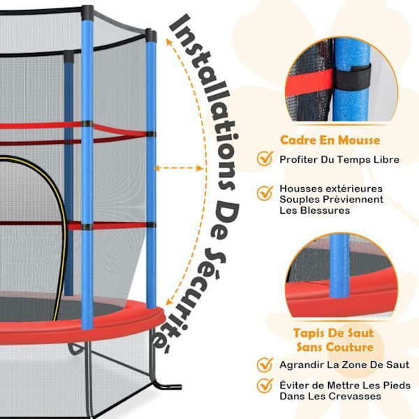 COSTWAY Trampolin til børn med sikkerhedsnet Ø165×1,91H CM-Zip-lukning-Fjederdæksel-6 Polstringstænger-Maksimal belastning 45 kg-Blå