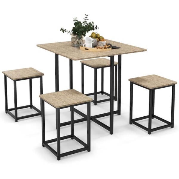 COSTWAY 5-delat matbord med 4 industripallar, metallstomme, 80x80x76 cm, naturlig, för kök, restaurang, vardagsrum
