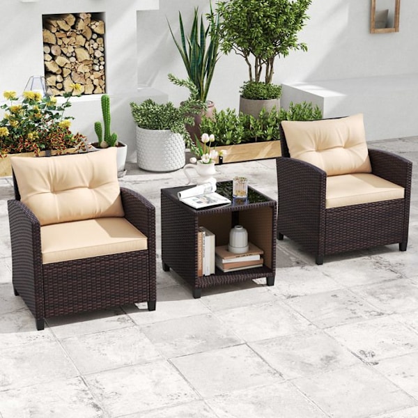 Sæt af 3 dele Havemøbler Kostway med bord og stole, PE Rattan, puder, bordplade i hærdet glas, til terrasse, patio, balkon Rottfärg: Blandad Brun | Kuddefärg: